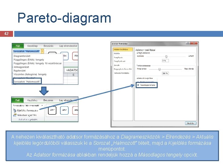 Pareto-diagram 42 A nehezen kiválasztható adatsor formázásához a Diagrameszközök > Elrendezés > Aktuális kijelölés