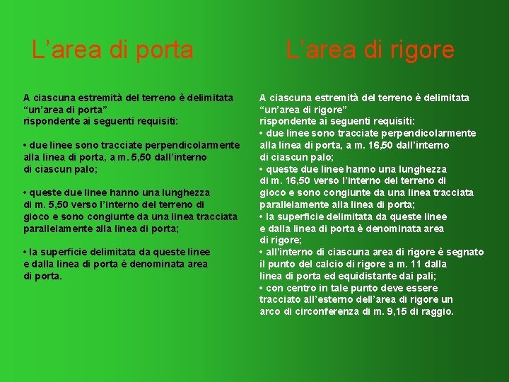 L’area di porta A ciascuna estremità del terreno è delimitata “un’area di porta” rispondente