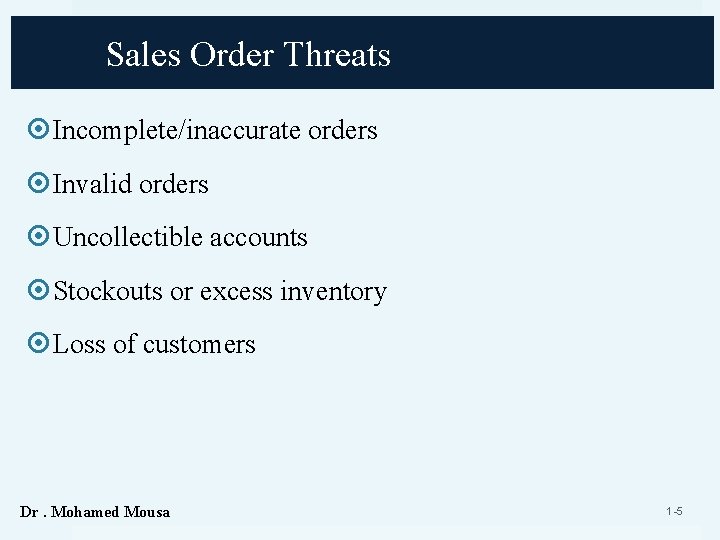 Sales Order Threats Incomplete/inaccurate orders Invalid orders Uncollectible accounts Stockouts or excess inventory Loss