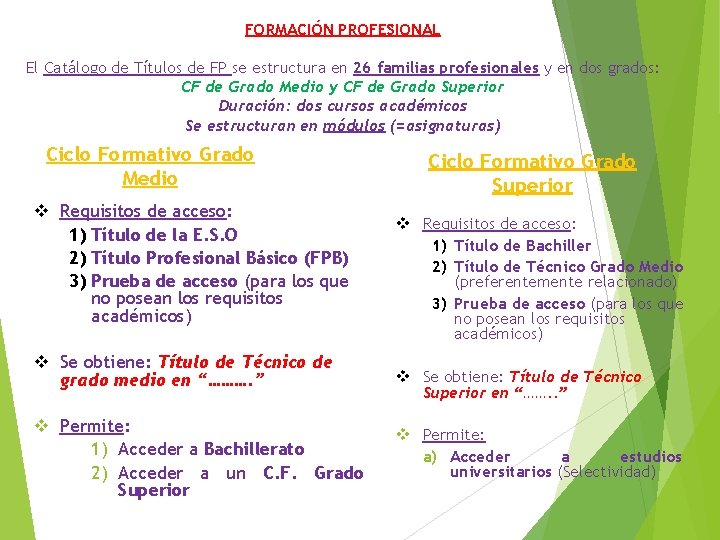 FORMACIÓN PROFESIONAL El Catálogo de Títulos de FP se estructura en 26 familias profesionales