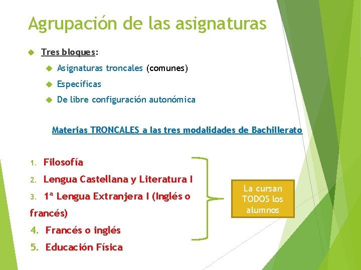 Agrupación de las asignaturas Tres bloques: Asignaturas troncales (comunes) Específicas De libre configuración autonómica