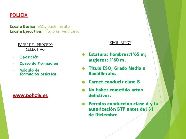 POLICIA Escala Básica: ESO, Bachillerato Escala Ejecutiva: Título universitario REQUISITOS FASES DEL PROCESO SELECTIVO
