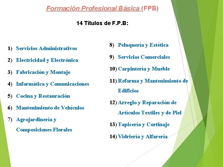 Formación Profesional Básica (FPB) 14 Títulos de F. P. B: 1) Servicios Administrativos 2)