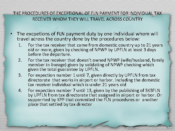 THE PROCEDURES OF EXCEPTIONAL OF FLN PAYMENT FOR INDIVIDUAL TAX RECEIVER WHOM THEY WILL