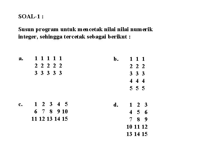 SOAL-1 : Susun program untuk mencetak nilai numerik integer, sehingga tercetak sebagai berikut :