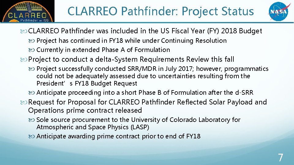 CLARREO Pathfinder: Project Status CLARREO Pathfinder was included in the US Fiscal Year (FY) CLARREO Pathfinder: Project Status CLARREO Pathfinder was included in the US Fiscal Year (FY)