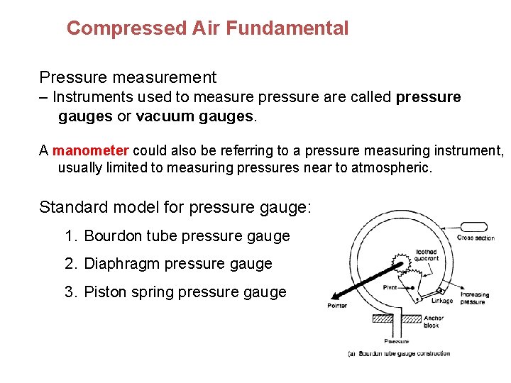 Compressed Air Fundamental Pressure measurement – Instruments used to measure pressure are called pressure