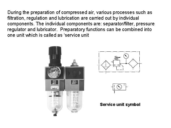 During the preparation of compressed air, various processes such as filtration, regulation and lubrication