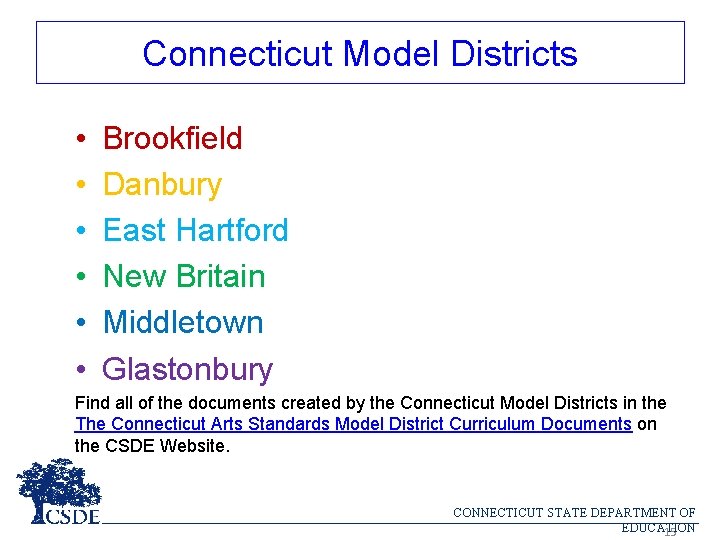 Connecticut Model Districts • • • Brookfield Danbury East Hartford New Britain Middletown Glastonbury