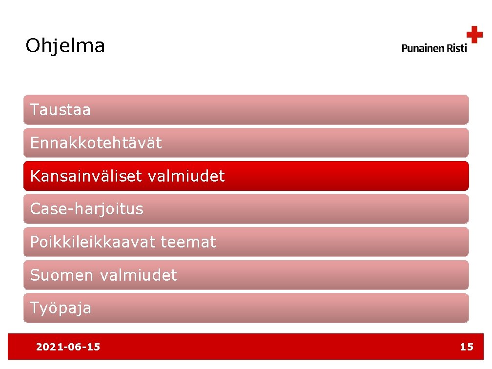 Ohjelma Taustaa Ennakkotehtävät Kansainväliset valmiudet Case-harjoitus Poikkileikkaavat teemat Suomen valmiudet Työpaja 2021 -06 -15