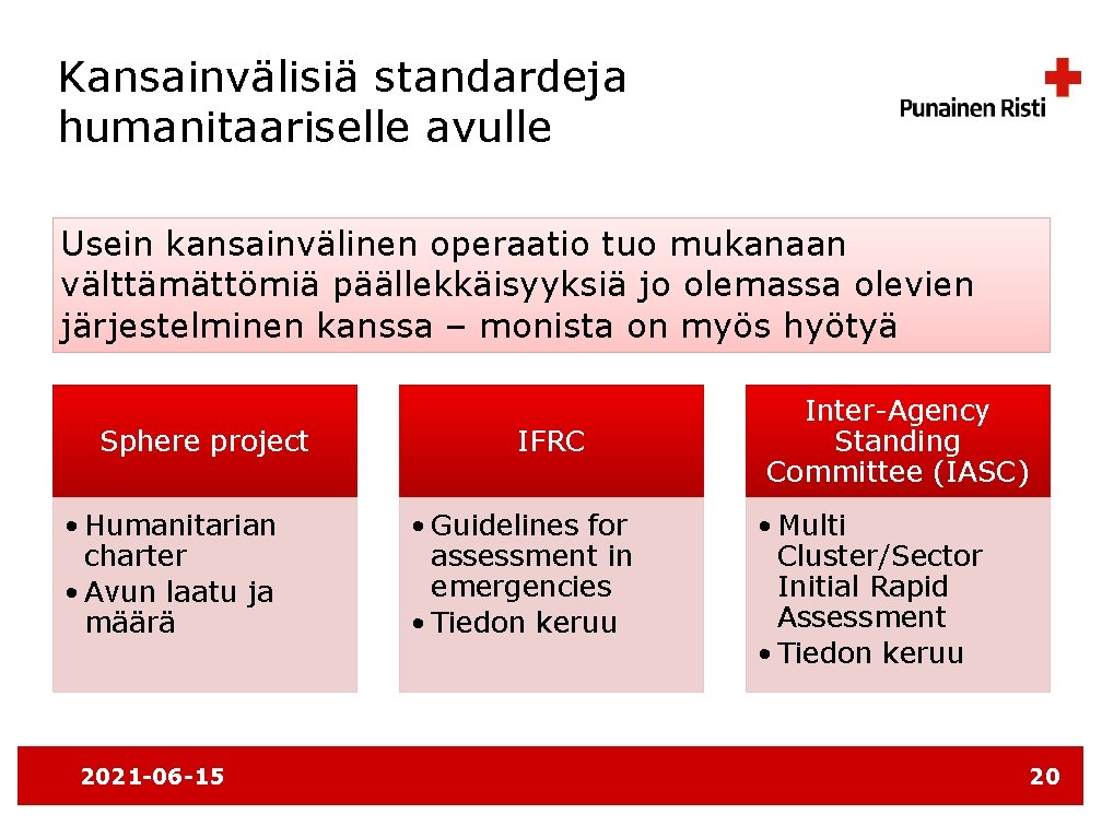 Kansainvälisiä standardeja humanitaariselle avulle Usein kansainvälinen operaatio tuo mukanaan välttämättömiä päällekkäisyyksiä jo olemassa olevien