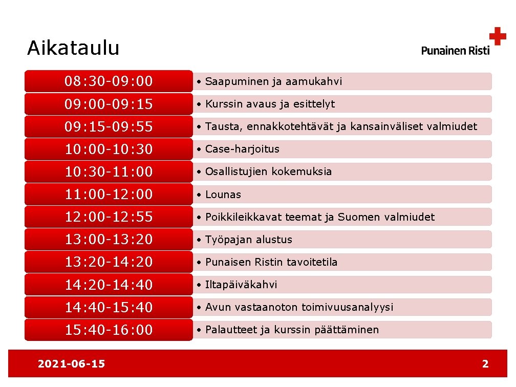 Aikataulu 08: 30 -09: 00 • Saapuminen ja aamukahvi 09: 00 -09: 15 •