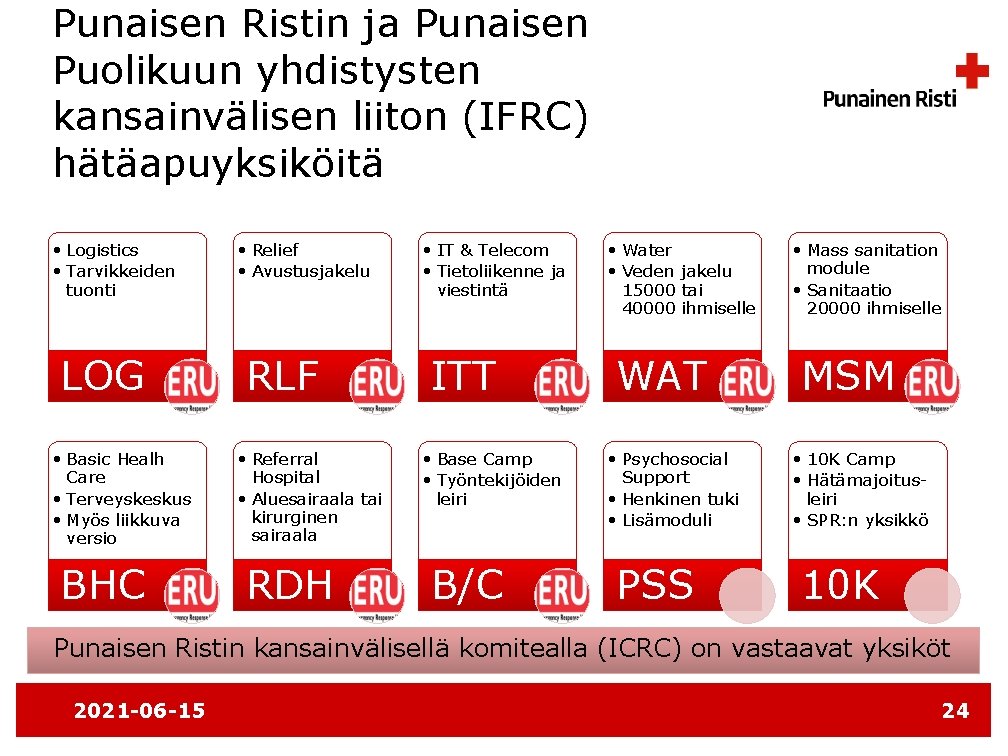 Punaisen Ristin ja Punaisen Puolikuun yhdistysten kansainvälisen liiton (IFRC) hätäapuyksiköitä • Logistics • Tarvikkeiden