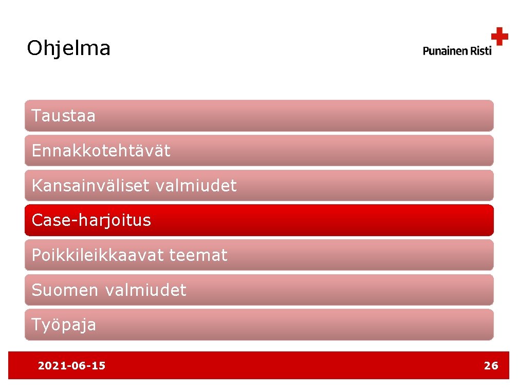 Ohjelma Taustaa Ennakkotehtävät Kansainväliset valmiudet Case-harjoitus Poikkileikkaavat teemat Suomen valmiudet Työpaja 2021 -06 -15
