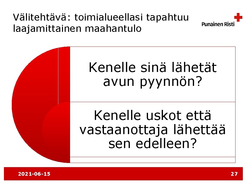 Välitehtävä: toimialueellasi tapahtuu laajamittainen maahantulo Kenelle sinä lähetät avun pyynnön? Kenelle uskot että vastaanottaja