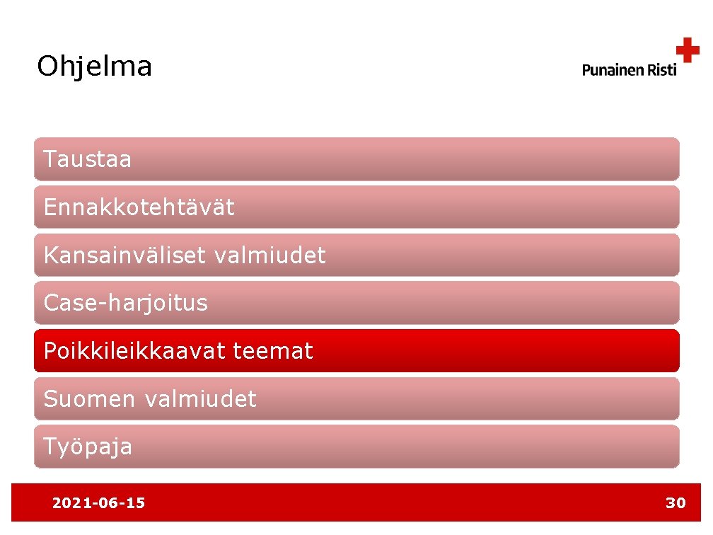 Ohjelma Taustaa Ennakkotehtävät Kansainväliset valmiudet Case-harjoitus Poikkileikkaavat teemat Suomen valmiudet Työpaja 2021 -06 -15