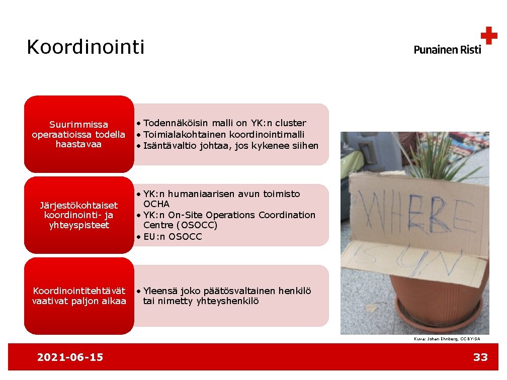 Koordinointi Suurimmissa operaatioissa todella haastavaa • Todennäköisin malli on YK: n cluster • Toimialakohtainen