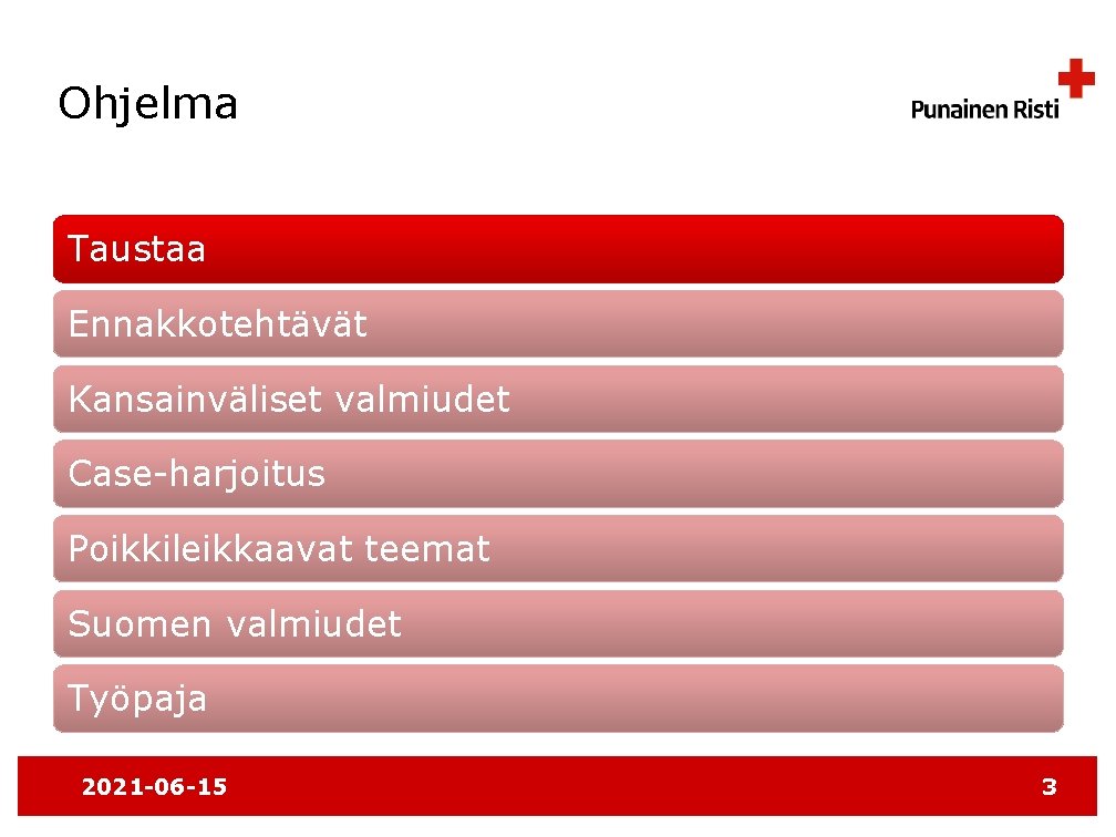 Ohjelma Taustaa Ennakkotehtävät Kansainväliset valmiudet Case-harjoitus Poikkileikkaavat teemat Suomen valmiudet Työpaja 2021 -06 -15
