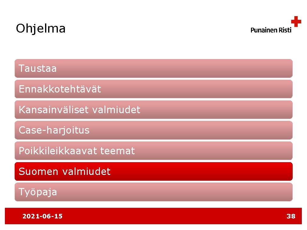 Ohjelma Taustaa Ennakkotehtävät Kansainväliset valmiudet Case-harjoitus Poikkileikkaavat teemat Suomen valmiudet Työpaja 2021 -06 -15