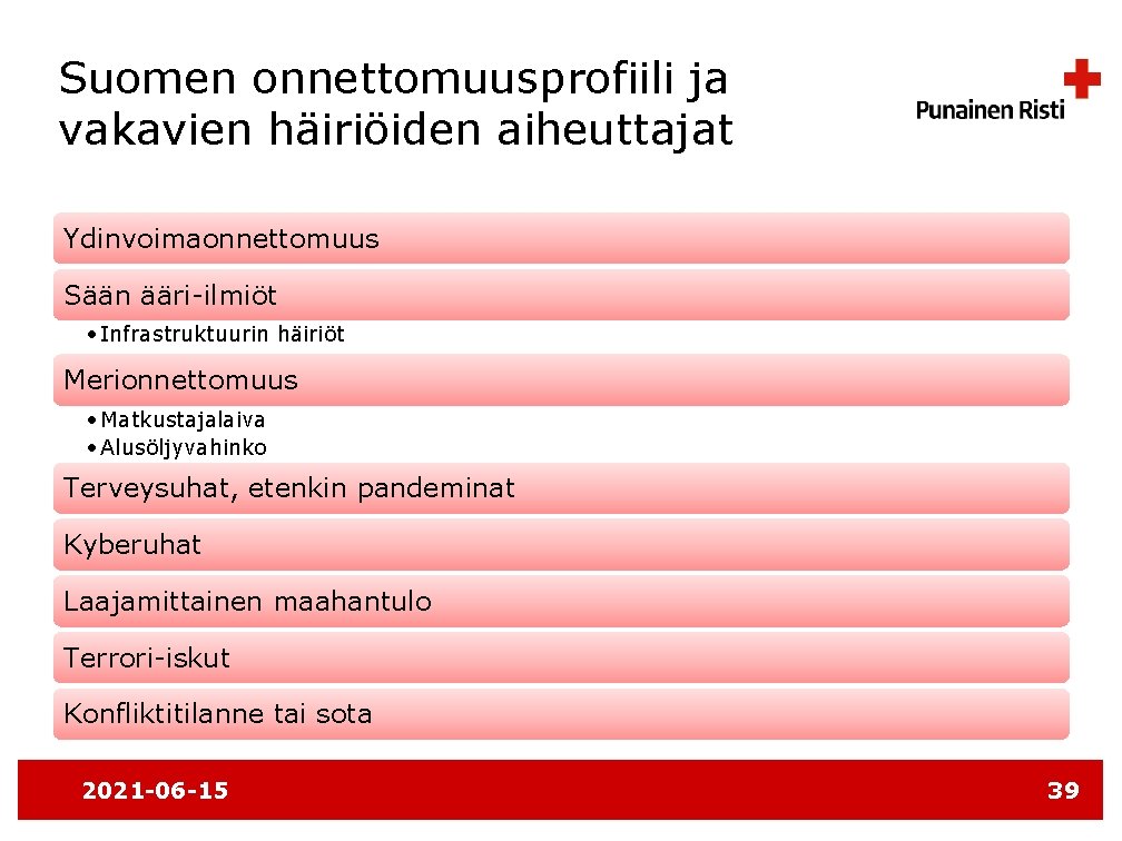 Suomen onnettomuusprofiili ja vakavien häiriöiden aiheuttajat Ydinvoimaonnettomuus Sään ääri-ilmiöt • Infrastruktuurin häiriöt Merionnettomuus •