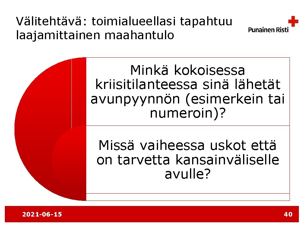 Välitehtävä: toimialueellasi tapahtuu laajamittainen maahantulo Minkä kokoisessa kriisitilanteessa sinä lähetät avunpyynnön (esimerkein tai numeroin)?