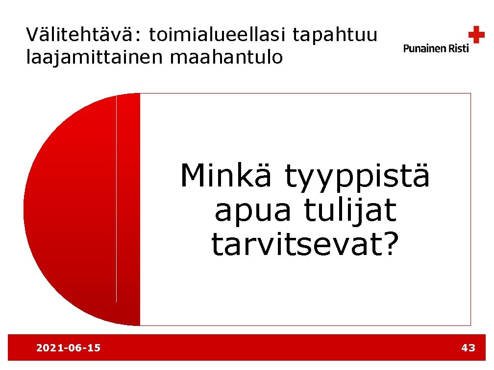 Välitehtävä: toimialueellasi tapahtuu laajamittainen maahantulo Minkä tyyppistä apua tulijat tarvitsevat? 2021 -06 -15 43