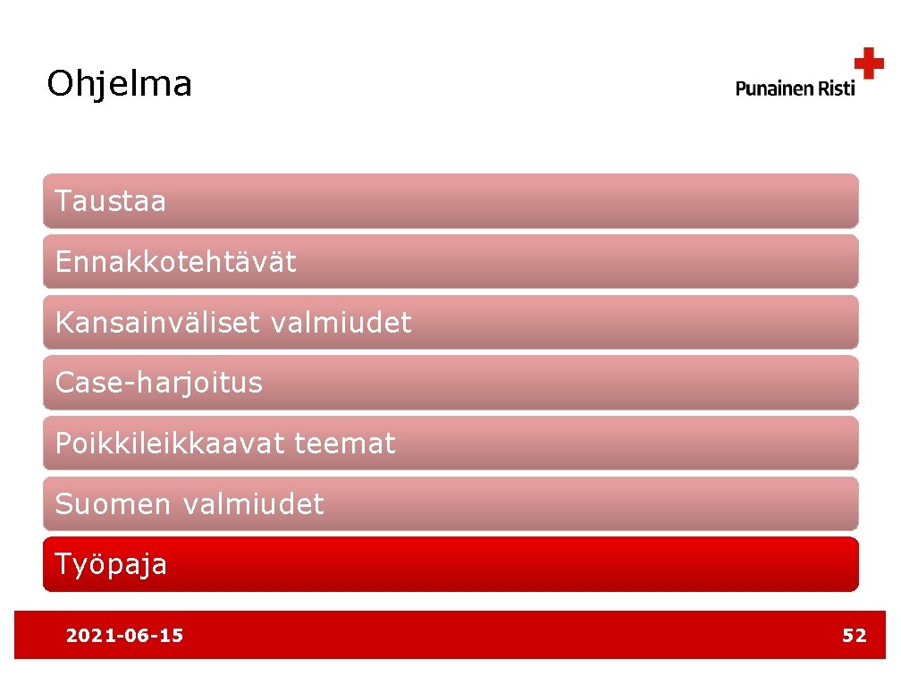 Ohjelma Taustaa Ennakkotehtävät Kansainväliset valmiudet Case-harjoitus Poikkileikkaavat teemat Suomen valmiudet Työpaja 2021 -06 -15