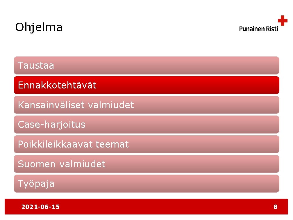 Ohjelma Taustaa Ennakkotehtävät Kansainväliset valmiudet Case-harjoitus Poikkileikkaavat teemat Suomen valmiudet Työpaja 2021 -06 -15