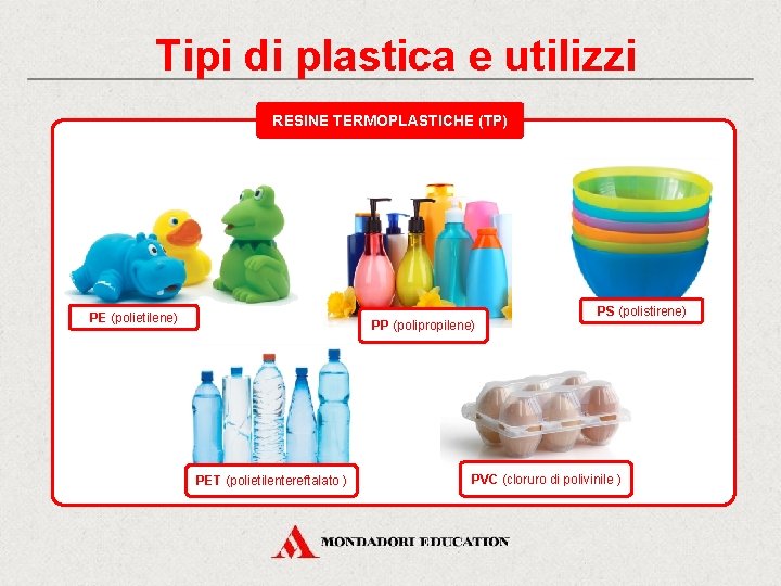Tipi di plastica e utilizzi RESINE TERMOPLASTICHE (TP) PS (polistirene) PE (polietilene) PP (polipropilene)