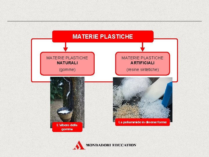 MATERIE PLASTICHE NATURALI MATERIE PLASTICHE ARTIFICIALI (gomme) (resine sintetiche) L’albero della gomma La poliammide
