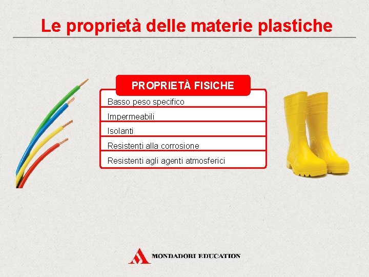 Le proprietà delle materie plastiche PROPRIETÀ FISICHE Basso peso specifico Impermeabili Isolanti Resistenti alla