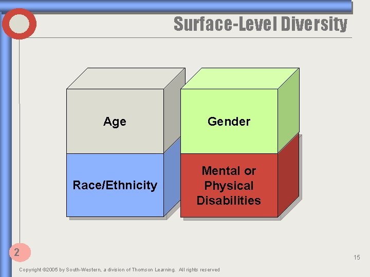 Surface-Level Diversity Age Gender Race/Ethnicity Mental or Physical Disabilities 2 Copyright © 2005 by
