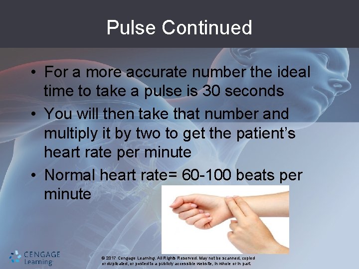 Pulse Continued • For a more accurate number the ideal time to take a