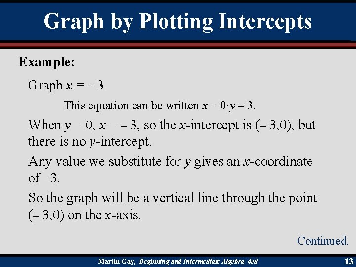 Graph by Plotting Intercepts Example: Graph x = – 3. This equation can be