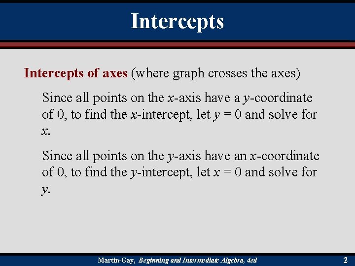 Intercepts of axes (where graph crosses the axes) Since all points on the x-axis