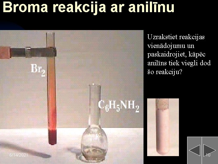 Broma reakcija ar anilīnu Uzrakstiet reakcijas vienādojumu un paskaidrojiet, kāpēc anilīns tiek viegli dod