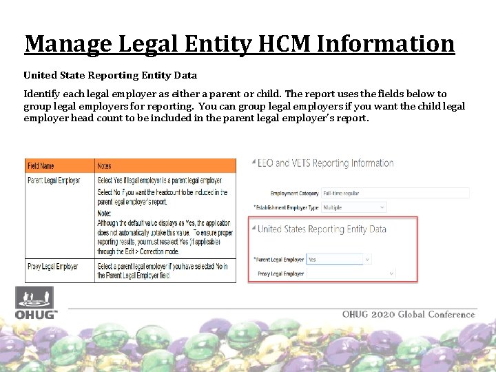 Manage Legal Entity HCM Information United State Reporting Entity Data Identify each legal employer Manage Legal Entity HCM Information United State Reporting Entity Data Identify each legal employer