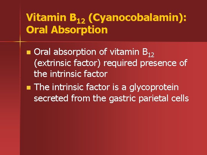 Vitamin B 12 (Cyanocobalamin): Oral Absorption Oral absorption of vitamin B 12 (extrinsic factor)