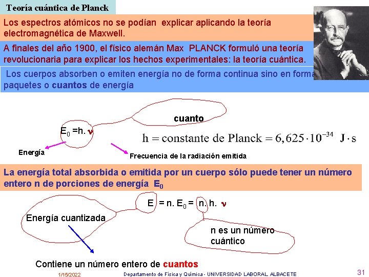 Teoría cuántica de Planck Los espectros atómicos no se podían explicar aplicando la teoría