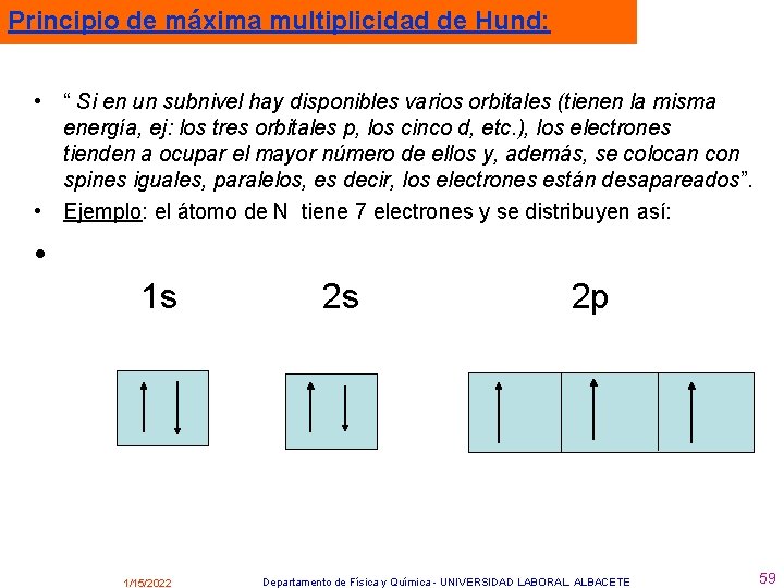 Principio de máxima multiplicidad de Hund: • “ Si en un subnivel hay disponibles