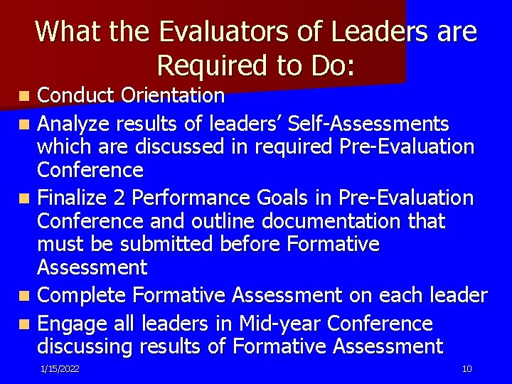 What the Evaluators of Leaders are Required to Do: Conduct Orientation n Analyze results