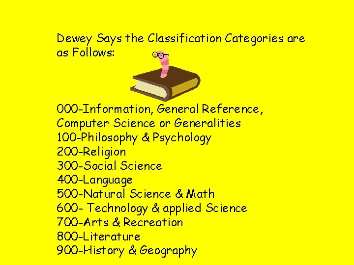 Dewey Says the Classification Categories are as Follows: 000 -Information, General Reference, Computer Science