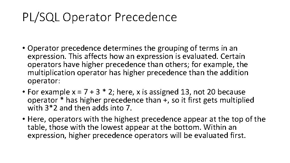 PL/SQL Operator Precedence • Operator precedence determines the grouping of terms in an expression.