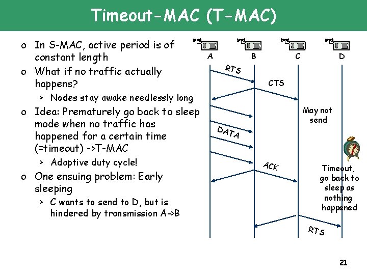 Timeout-MAC (T-MAC) o In S-MAC, active period is of constant length o What if