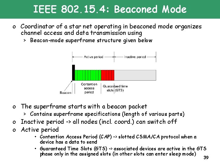 IEEE 802. 15. 4: Beaconed Mode o Coordinator of a star net operating in