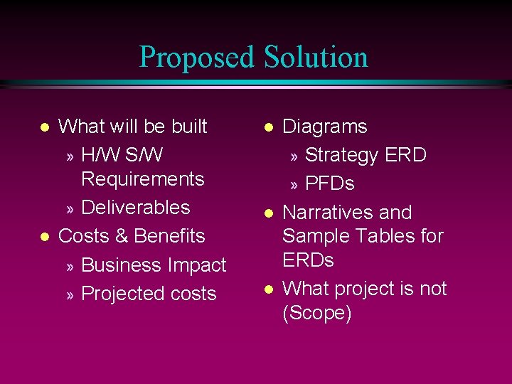 Proposed Solution l l What will be built » H/W S/W Requirements » Deliverables