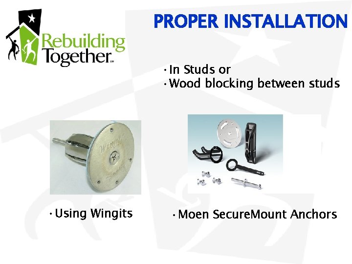 PROPER INSTALLATION • In Studs or • Wood blocking between studs • Using Wingits