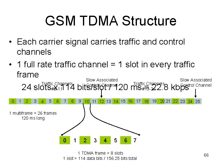 GSM TDMA Structure • Each carrier signal carries traffic and control channels • 1