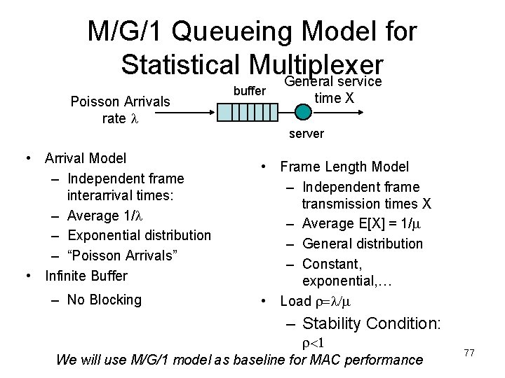 M/G/1 Queueing Model for Statistical Multiplexer General service Poisson Arrivals rate • Arrival Model