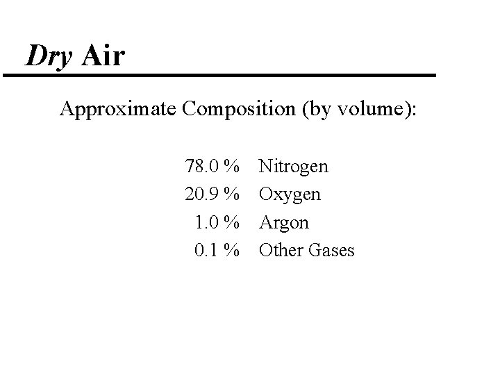 Dry Air Approximate Composition (by volume): 78. 0 % 20. 9 % 1. 0